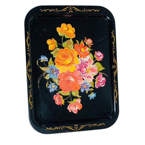 Rustic Floral Metal Serving Tray Decorative VTG Farmhouse Farmers Market Kitchen - Picture 4 of 14